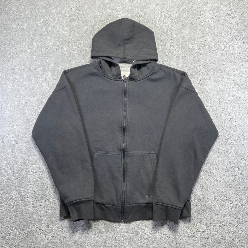 Aeropostale Hoodie Mens Small Gray Thermal Lined Zip Up Blank Sweatshirt Skate